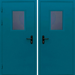 Распашная дверь противопожарная синяя с окном порошковое напыление